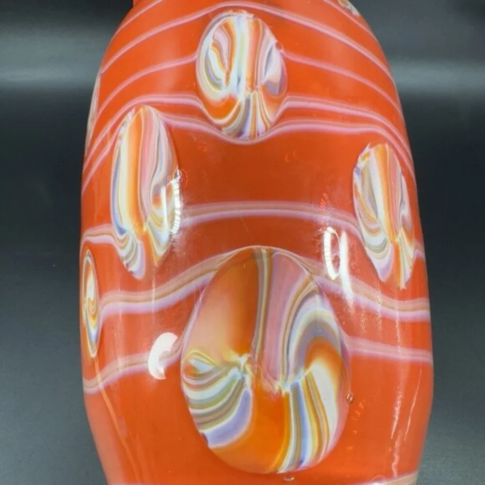 Tall Art Glass Vase Vessel Mushroom Top Orange With White Swirl Glass Vase 12inc